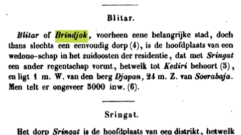 Catatan tentang Brindjok adalah sebutan lama untuk Blitar.